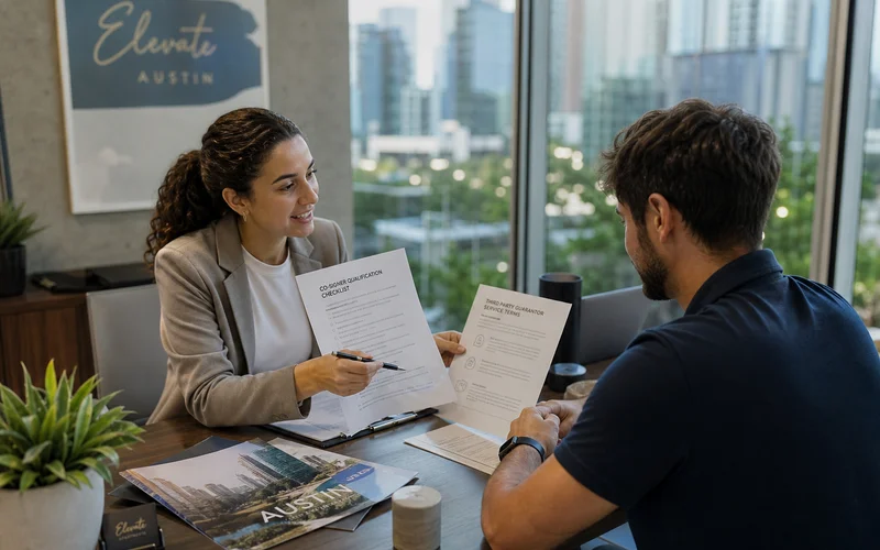 Fort Worth Second Chance Apartments locator reviewing third party guarantor documents at a Tarrant County leasing office