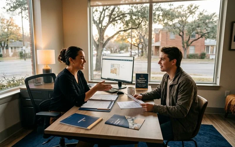 Apartment locator welcoming a renter for a second chance lease signing in Tarrant County