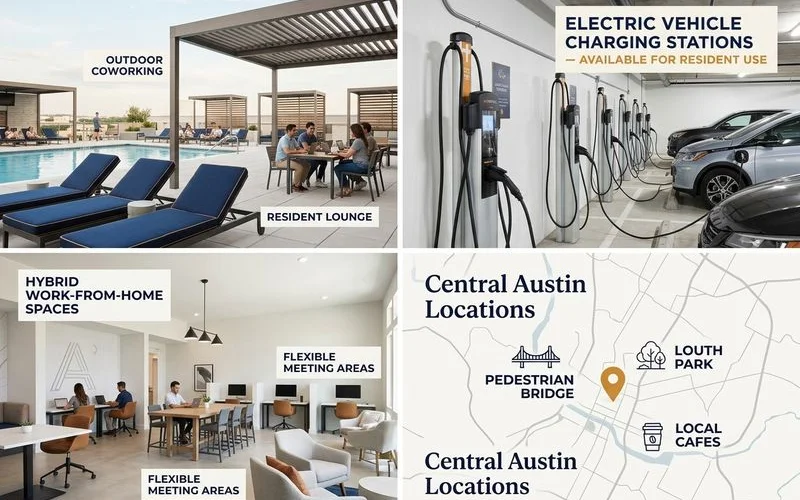 Luxury apartment amenities - rooftop pool, EV charging, coworking lounge