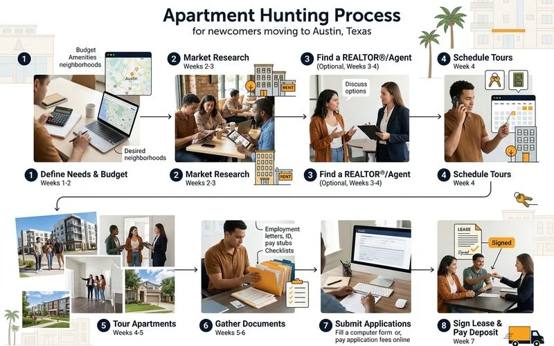 Numbered apartment hunting timeline for newcomers to Fort Worth