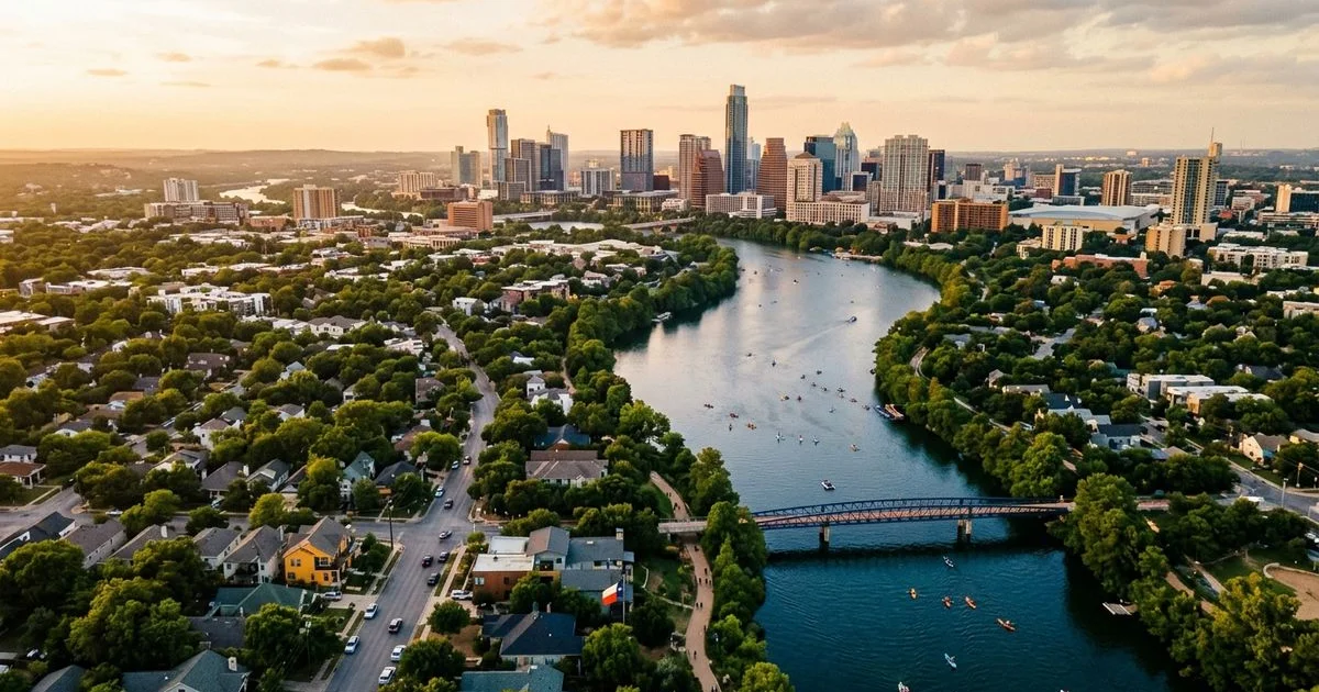 Aerial view of Fort Worth neighborhoods with the downtown skyline