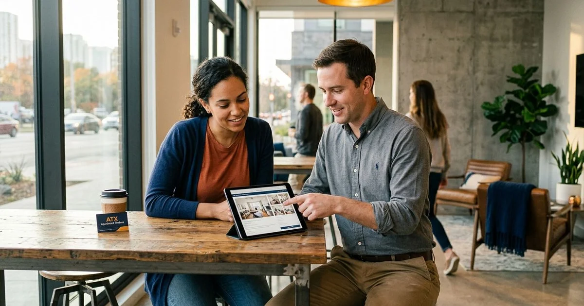 Renter and locator reviewing apartment options on a tablet in a leasing lobby