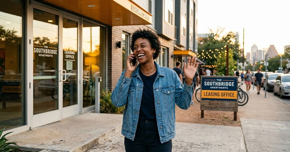 Renter celebrating a fast apartment approval outside a leasing office