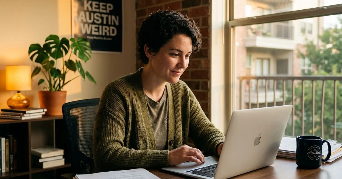 Renter reviewing a guarantor approval on a laptop in an apartment office
