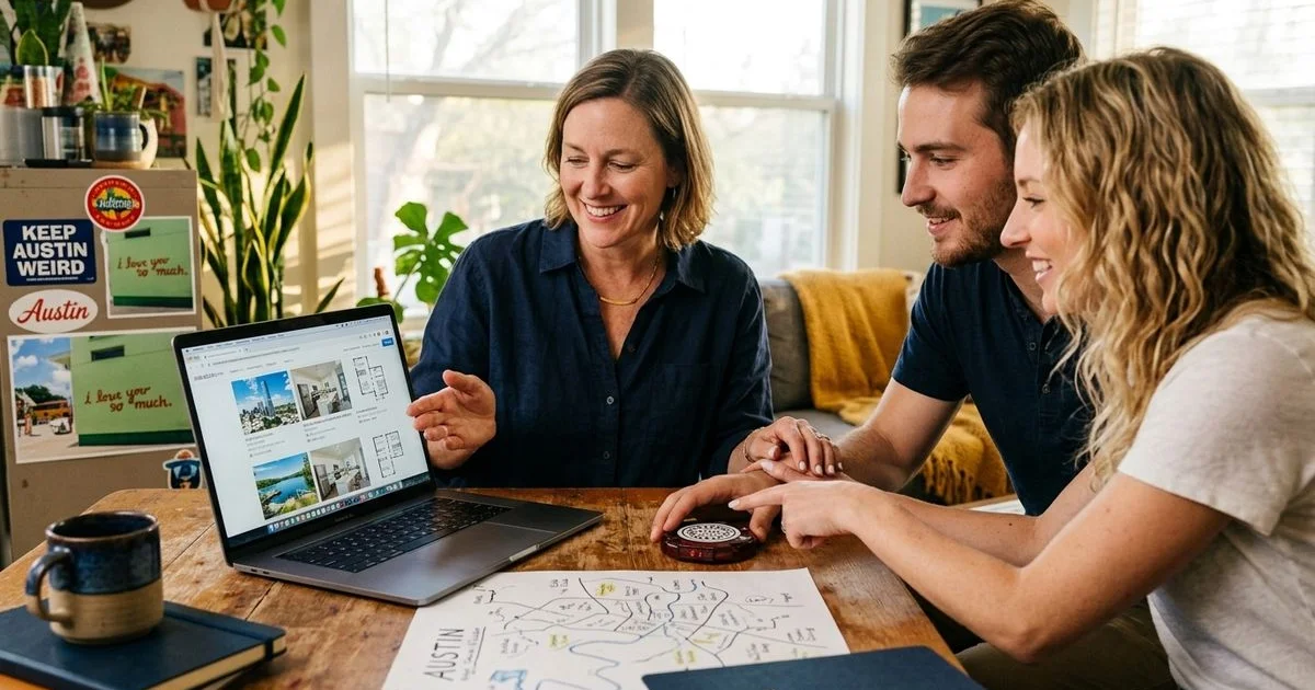 Friendly apartment locator reviewing listings with a renter