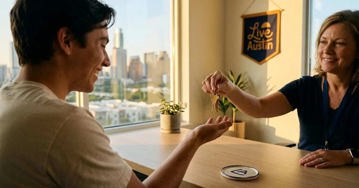 Hopeful renter receiving keys to a new apartment