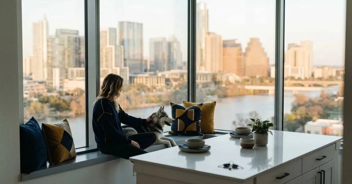 Interior of a luxury high-rise apartment with downtown views