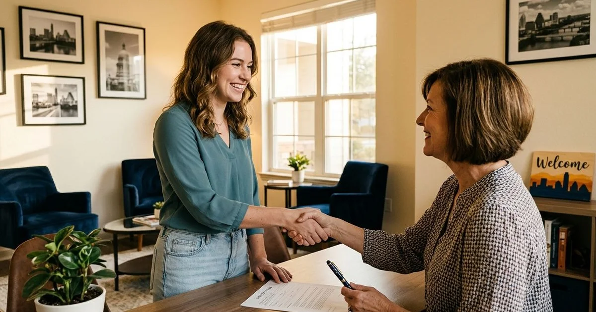 Relieved renter shaking hands with a leasing agent at an apartment office