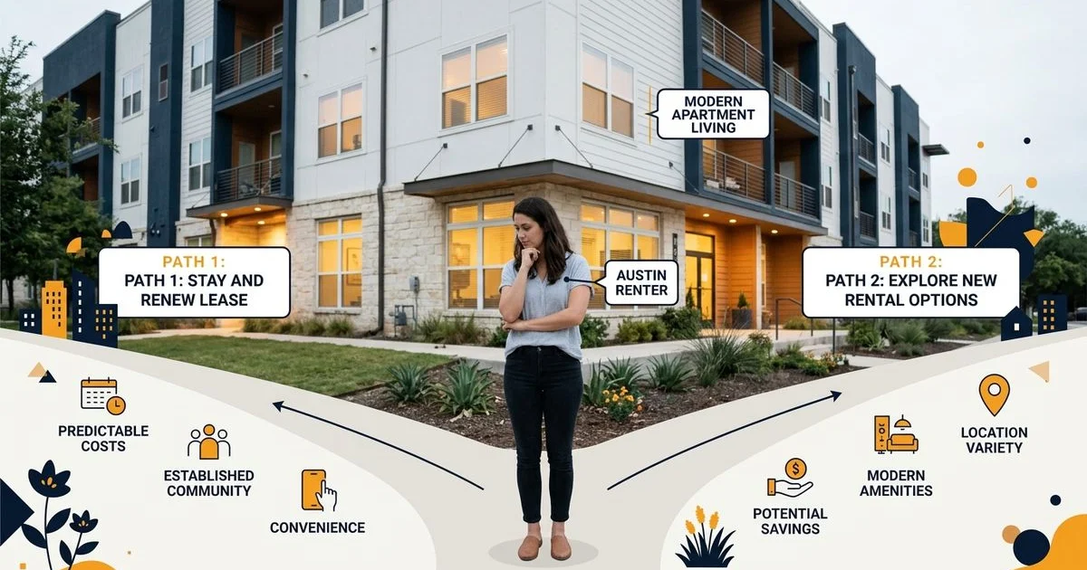 Two-path concept of a renter choosing a direction outside an apartment community