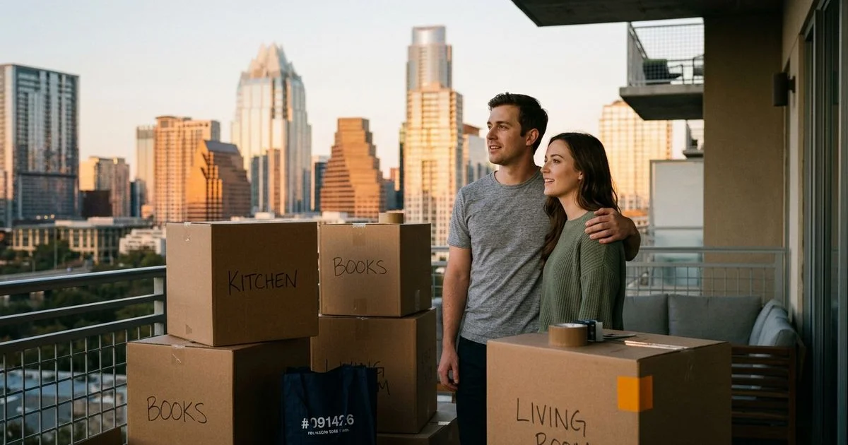 Young couple with moving boxes preparing for their apartment search