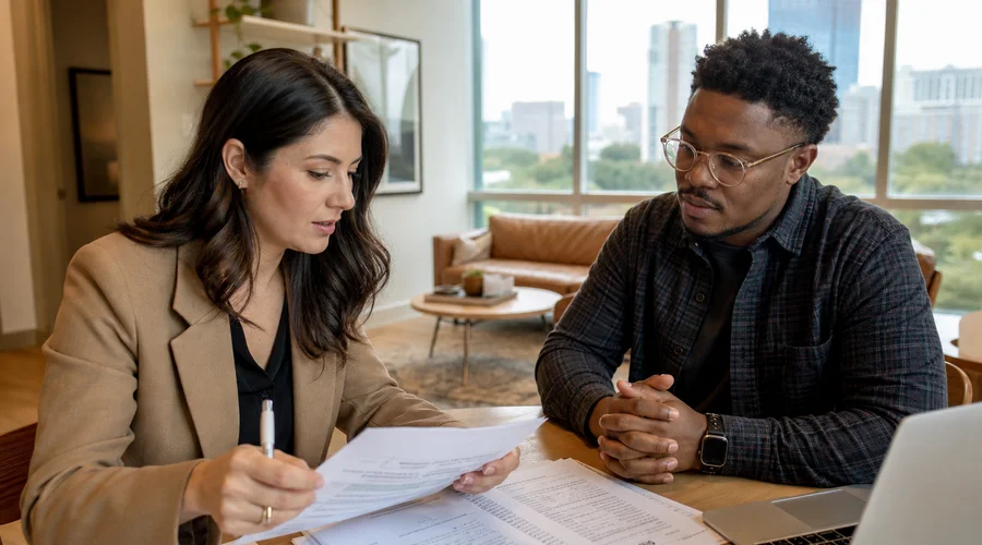 Fort Worth Second Chance Apartments locator reviewing 1099 income documents and bank statements for self-employed renter approval